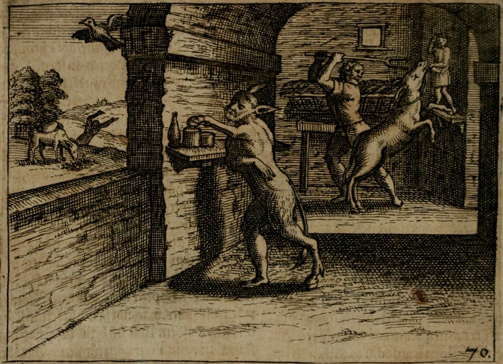 An illustration from Homo microcosmus, hoc est: parvus mundus, macrocosmo, id est: magno mundo, in variis æri incisis figuris totq; carminibus Latinis, per selectiores veterum poëtarum fabulas, nec non elegantiores quasdam historias, emblematice expositus; cujus hæc editio tertia. In qua Latina ista carmina puris rhythmis, Germanicis sunt donata ... Opus, non solùm ad studiosæ juventutis, sed etiam pictorum, sculptorum ... usum et delectationem adornatum, 1670, leaf 153
