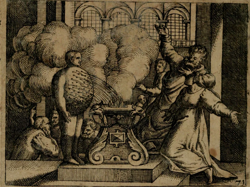 An illustration from Homo microcosmus, hoc est: parvus mundus, macrocosmo, id est: magno mundo, in variis æri incisis figuris totq; carminibus Latinis, per selectiores veterum poëtarum fabulas, nec non elegantiores quasdam historias, emblematice expositus; cujus hæc editio tertia. In qua Latina ista carmina puris rhythmis, Germanicis sunt donata ... Opus, non solùm ad studiosæ juventutis, sed etiam pictorum, sculptorum ... usum et delectationem adornatum, 1670, leaf 155