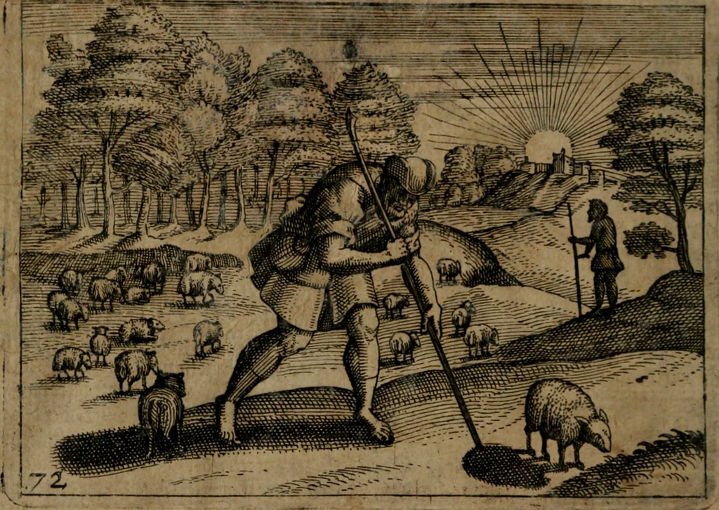 An illustration from Homo microcosmus, hoc est: parvus mundus, macrocosmo, id est: magno mundo, in variis æri incisis figuris totq; carminibus Latinis, per selectiores veterum poëtarum fabulas, nec non elegantiores quasdam historias, emblematice expositus; cujus hæc editio tertia. In qua Latina ista carmina puris rhythmis, Germanicis sunt donata ... Opus, non solùm ad studiosæ juventutis, sed etiam pictorum, sculptorum ... usum et delectationem adornatum, 1670, leaf 157