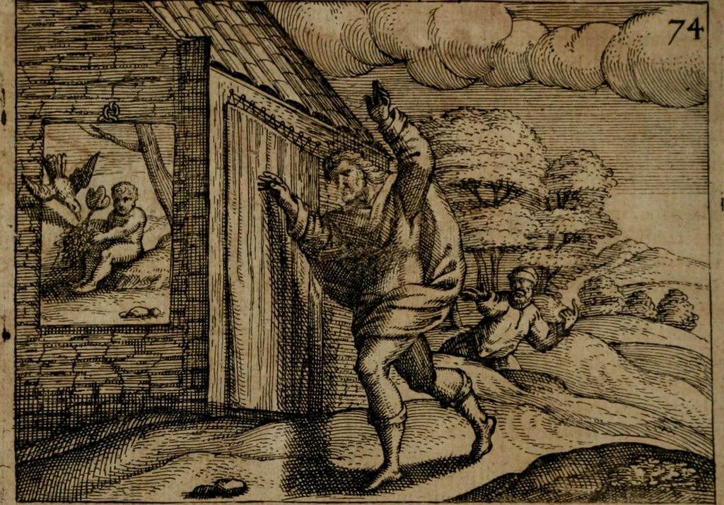 An illustration from Homo microcosmus, hoc est: parvus mundus, macrocosmo, id est: magno mundo, in variis æri incisis figuris totq; carminibus Latinis, per selectiores veterum poëtarum fabulas, nec non elegantiores quasdam historias, emblematice expositus; cujus hæc editio tertia. In qua Latina ista carmina puris rhythmis, Germanicis sunt donata ... Opus, non solùm ad studiosæ juventutis, sed etiam pictorum, sculptorum ... usum et delectationem adornatum, 1670, leaf 159