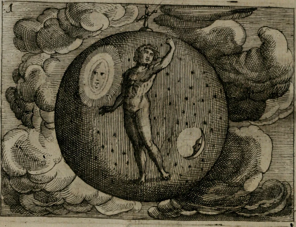 An illustration from Homo microcosmus, hoc est: parvus mundus, macrocosmo, id est: magno mundo, in variis æri incisis figuris totq; carminibus Latinis, per selectiores veterum poëtarum fabulas, nec non elegantiores quasdam historias, emblematice expositus; cujus hæc editio tertia. In qua Latina ista carmina puris rhythmis, Germanicis sunt donata ... Opus, non solùm ad studiosæ juventutis, sed etiam pictorum, sculptorum ... usum et delectationem adornatum, 1670, leaf 17
