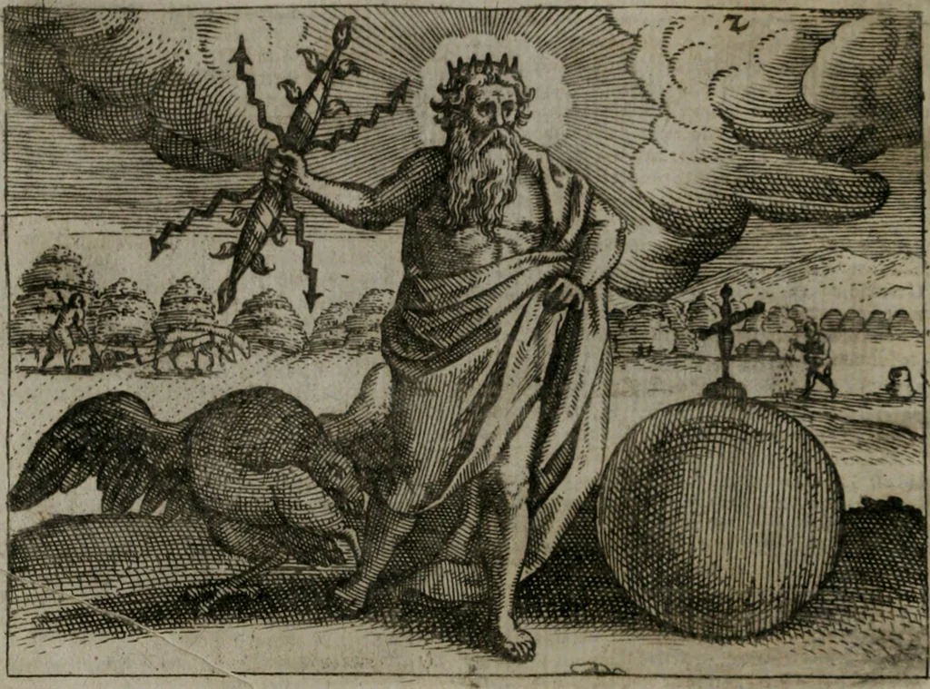 An illustration from Homo microcosmus, hoc est: parvus mundus, macrocosmo, id est: magno mundo, in variis æri incisis figuris totq; carminibus Latinis, per selectiores veterum poëtarum fabulas, nec non elegantiores quasdam historias, emblematice expositus; cujus hæc editio tertia. In qua Latina ista carmina puris rhythmis, Germanicis sunt donata ... Opus, non solùm ad studiosæ juventutis, sed etiam pictorum, sculptorum ... usum et delectationem adornatum, 1670, leaf 19
