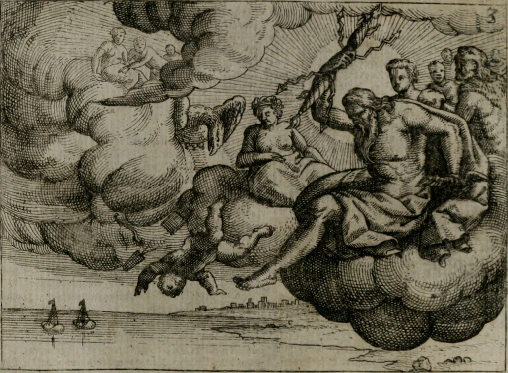 An illustration from Homo microcosmus, hoc est: parvus mundus, macrocosmo, id est: magno mundo, in variis æri incisis figuris totq; carminibus Latinis, per selectiores veterum poëtarum fabulas, nec non elegantiores quasdam historias, emblematice expositus; cujus hæc editio tertia. In qua Latina ista carmina puris rhythmis, Germanicis sunt donata ... Opus, non solùm ad studiosæ juventutis, sed etiam pictorum, sculptorum ... usum et delectationem adornatum, 1670, leaf 21