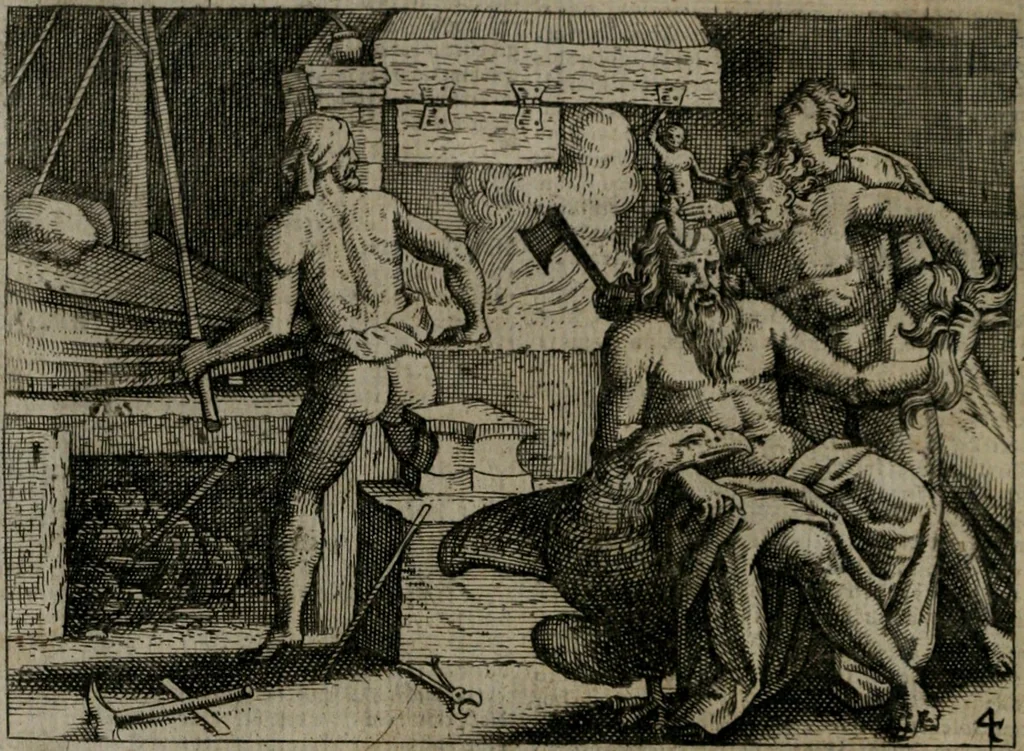 An illustration from Homo microcosmus, hoc est: parvus mundus, macrocosmo, id est: magno mundo, in variis æri incisis figuris totq; carminibus Latinis, per selectiores veterum poëtarum fabulas, nec non elegantiores quasdam historias, emblematice expositus; cujus hæc editio tertia. In qua Latina ista carmina puris rhythmis, Germanicis sunt donata ... Opus, non solùm ad studiosæ juventutis, sed etiam pictorum, sculptorum ... usum et delectationem adornatum, 1670, leaf 23