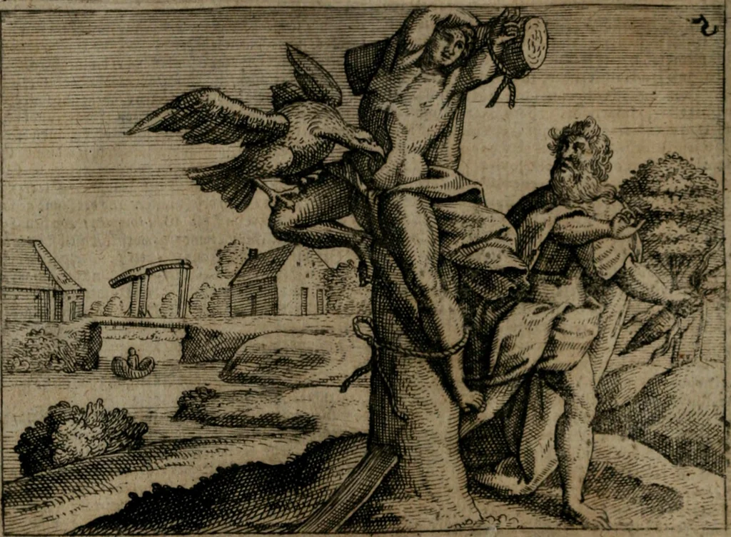 An illustration from Homo microcosmus, hoc est: parvus mundus, macrocosmo, id est: magno mundo, in variis æri incisis figuris totq; carminibus Latinis, per selectiores veterum poëtarum fabulas, nec non elegantiores quasdam historias, emblematice expositus; cujus hæc editio tertia. In qua Latina ista carmina puris rhythmis, Germanicis sunt donata ... Opus, non solùm ad studiosæ juventutis, sed etiam pictorum, sculptorum ... usum et delectationem adornatum, 1670, leaf 25