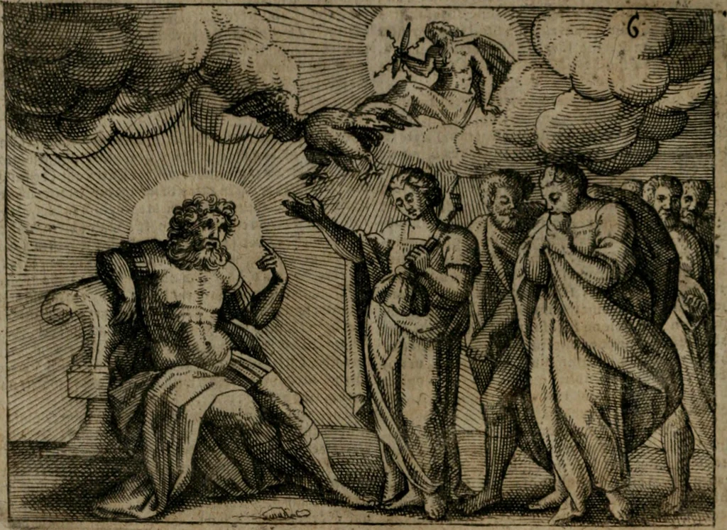 An illustration from Homo microcosmus, hoc est: parvus mundus, macrocosmo, id est: magno mundo, in variis æri incisis figuris totq; carminibus Latinis, per selectiores veterum poëtarum fabulas, nec non elegantiores quasdam historias, emblematice expositus; cujus hæc editio tertia. In qua Latina ista carmina puris rhythmis, Germanicis sunt donata ... Opus, non solùm ad studiosæ juventutis, sed etiam pictorum, sculptorum ... usum et delectationem adornatum, 1670, leaf 27