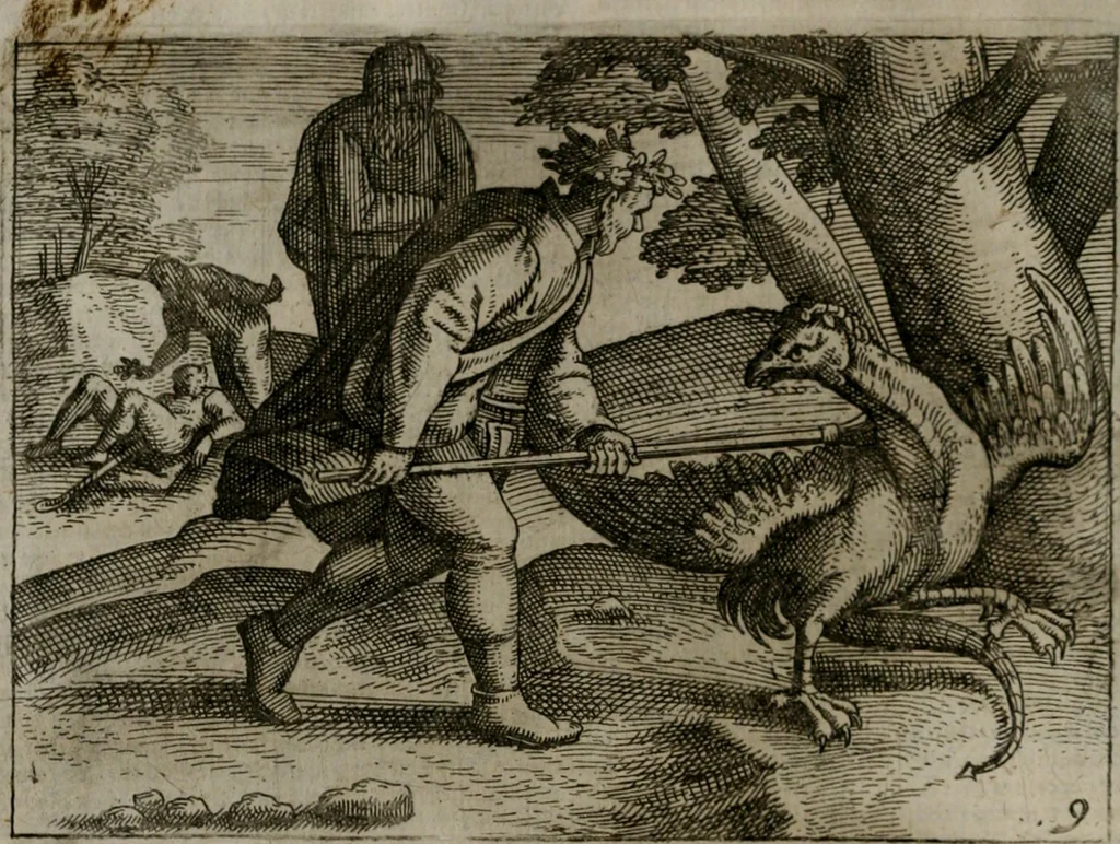 An illustration from Homo microcosmus, hoc est: parvus mundus, macrocosmo, id est: magno mundo, in variis æri incisis figuris totq; carminibus Latinis, per selectiores veterum poëtarum fabulas, nec non elegantiores quasdam historias, emblematice expositus; cujus hæc editio tertia. In qua Latina ista carmina puris rhythmis, Germanicis sunt donata ... Opus, non solùm ad studiosæ juventutis, sed etiam pictorum, sculptorum ... usum et delectationem adornatum, 1670, leaf 33