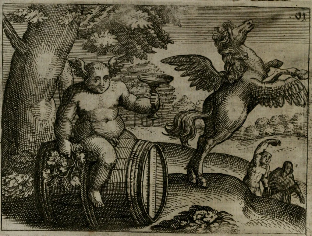 An illustration from Homo microcosmus, hoc est: parvus mundus, macrocosmo, id est: magno mundo, in variis æri incisis figuris totq; carminibus Latinis, per selectiores veterum poëtarum fabulas, nec non elegantiores quasdam historias, emblematice expositus; cujus hæc editio tertia. In qua Latina ista carmina puris rhythmis, Germanicis sunt donata ... Opus, non solùm ad studiosæ juventutis, sed etiam pictorum, sculptorum ... usum et delectationem adornatum, 1670, leaf 35