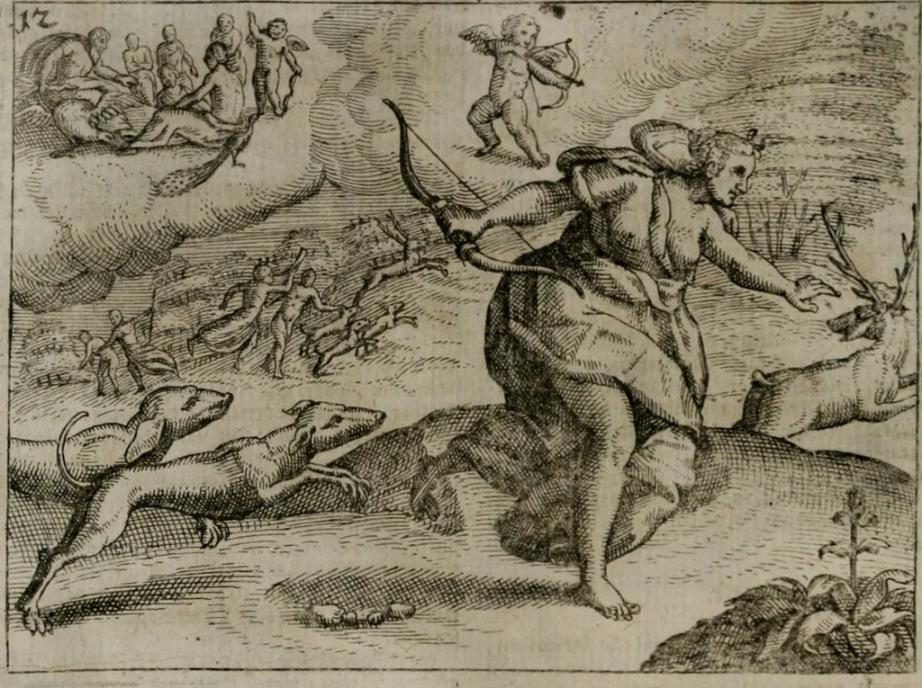 An illustration from Homo microcosmus, hoc est: parvus mundus, macrocosmo, id est: magno mundo, in variis æri incisis figuris totq; carminibus Latinis, per selectiores veterum poëtarum fabulas, nec non elegantiores quasdam historias, emblematice expositus; cujus hæc editio tertia. In qua Latina ista carmina puris rhythmis, Germanicis sunt donata ... Opus, non solùm ad studiosæ juventutis, sed etiam pictorum, sculptorum ... usum et delectationem adornatum, 1670, leaf 39