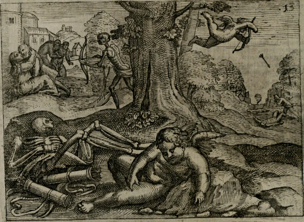 An illustration from Homo microcosmus, hoc est: parvus mundus, macrocosmo, id est: magno mundo, in variis æri incisis figuris totq; carminibus Latinis, per selectiores veterum poëtarum fabulas, nec non elegantiores quasdam historias, emblematice expositus; cujus hæc editio tertia. In qua Latina ista carmina puris rhythmis, Germanicis sunt donata ... Opus, non solùm ad studiosæ juventutis, sed etiam pictorum, sculptorum ... usum et delectationem adornatum, 1670, leaf 41