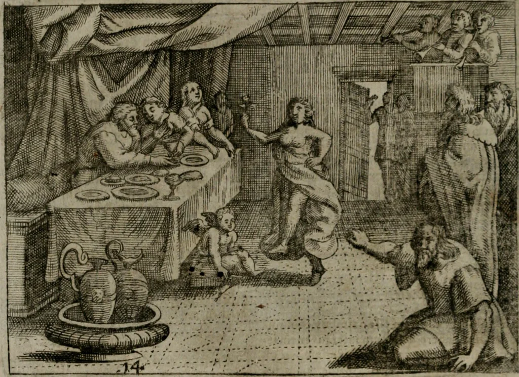 An illustration from Homo microcosmus, hoc est: parvus mundus, macrocosmo, id est: magno mundo, in variis æri incisis figuris totq; carminibus Latinis, per selectiores veterum poëtarum fabulas, nec non elegantiores quasdam historias, emblematice expositus; cujus hæc editio tertia. In qua Latina ista carmina puris rhythmis, Germanicis sunt donata ... Opus, non solùm ad studiosæ juventutis, sed etiam pictorum, sculptorum ... usum et delectationem adornatum, 1670, leaf 43