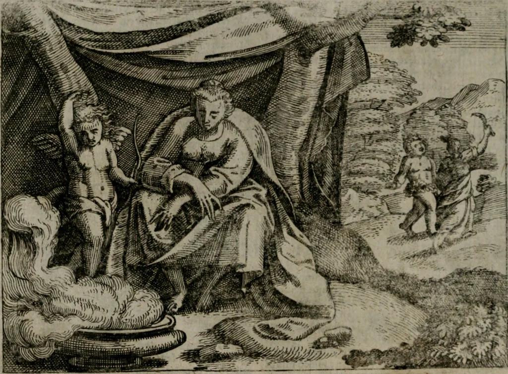 An illustration from Homo microcosmus, hoc est: parvus mundus, macrocosmo, id est: magno mundo, in variis æri incisis figuris totq; carminibus Latinis, per selectiores veterum poëtarum fabulas, nec non elegantiores quasdam historias, emblematice expositus; cujus hæc editio tertia. In qua Latina ista carmina puris rhythmis, Germanicis sunt donata ... Opus, non solùm ad studiosæ juventutis, sed etiam pictorum, sculptorum ... usum et delectationem adornatum, 1670, leaf 45
