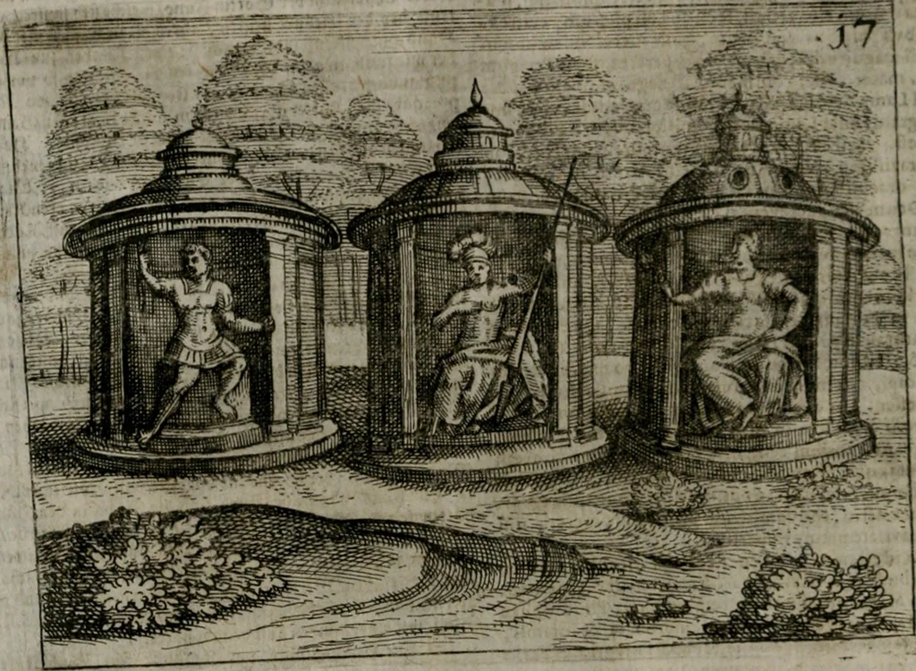 An illustration from Homo microcosmus, hoc est: parvus mundus, macrocosmo, id est: magno mundo, in variis æri incisis figuris totq; carminibus Latinis, per selectiores veterum poëtarum fabulas, nec non elegantiores quasdam historias, emblematice expositus; cujus hæc editio tertia. In qua Latina ista carmina puris rhythmis, Germanicis sunt donata ... Opus, non solùm ad studiosæ juventutis, sed etiam pictorum, sculptorum ... usum et delectationem adornatum, 1670, leaf 49