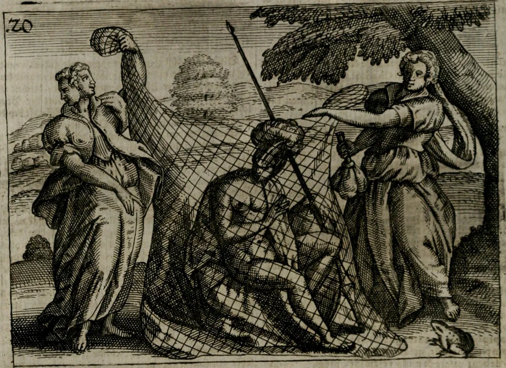 An illustration from Homo microcosmus, hoc est: parvus mundus, macrocosmo, id est: magno mundo, in variis æri incisis figuris totq; carminibus Latinis, per selectiores veterum poëtarum fabulas, nec non elegantiores quasdam historias, emblematice expositus; cujus hæc editio tertia. In qua Latina ista carmina puris rhythmis, Germanicis sunt donata ... Opus, non solùm ad studiosæ juventutis, sed etiam pictorum, sculptorum ... usum et delectationem adornatum, 1670, leaf 55