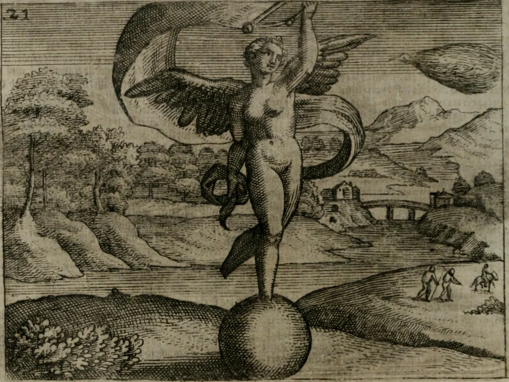 An illustration from Homo microcosmus, hoc est: parvus mundus, macrocosmo, id est: magno mundo, in variis æri incisis figuris totq; carminibus Latinis, per selectiores veterum poëtarum fabulas, nec non elegantiores quasdam historias, emblematice expositus; cujus hæc editio tertia. In qua Latina ista carmina puris rhythmis, Germanicis sunt donata ... Opus, non solùm ad studiosæ juventutis, sed etiam pictorum, sculptorum ... usum et delectationem adornatum, 1670, leaf 57
