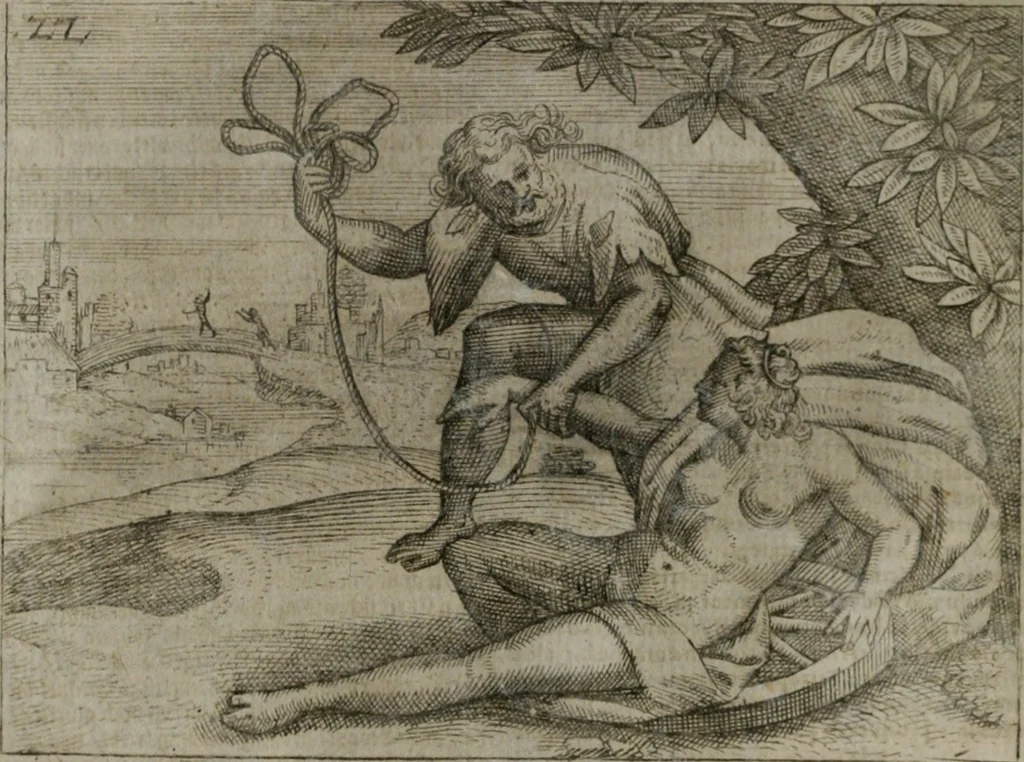 An illustration from Homo microcosmus, hoc est: parvus mundus, macrocosmo, id est: magno mundo, in variis æri incisis figuris totq; carminibus Latinis, per selectiores veterum poëtarum fabulas, nec non elegantiores quasdam historias, emblematice expositus; cujus hæc editio tertia. In qua Latina ista carmina puris rhythmis, Germanicis sunt donata ... Opus, non solùm ad studiosæ juventutis, sed etiam pictorum, sculptorum ... usum et delectationem adornatum, 1670, leaf 59