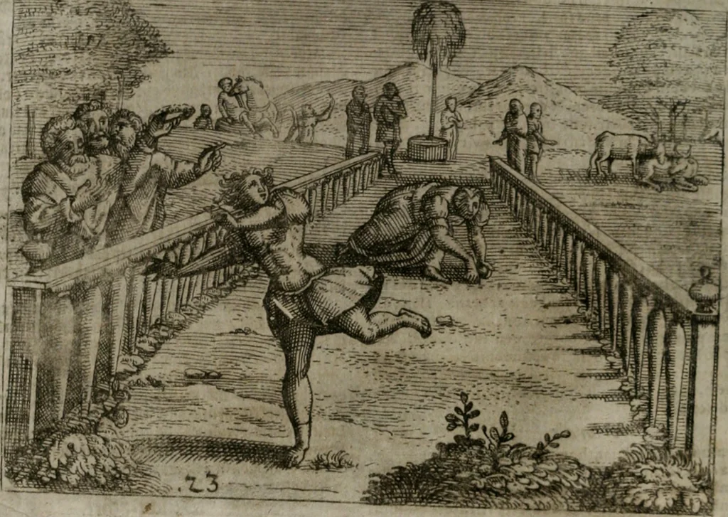 An illustration from Homo microcosmus, hoc est: parvus mundus, macrocosmo, id est: magno mundo, in variis æri incisis figuris totq; carminibus Latinis, per selectiores veterum poëtarum fabulas, nec non elegantiores quasdam historias, emblematice expositus; cujus hæc editio tertia. In qua Latina ista carmina puris rhythmis, Germanicis sunt donata ... Opus, non solùm ad studiosæ juventutis, sed etiam pictorum, sculptorum ... usum et delectationem adornatum, 1670, leaf 61