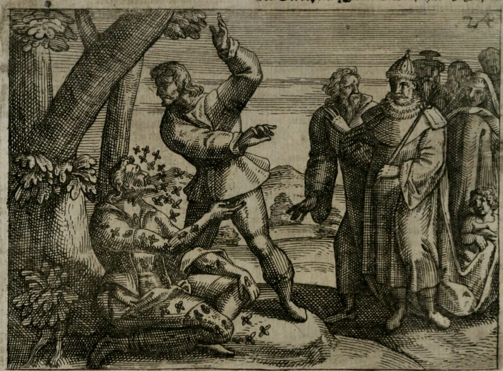 An illustration from Homo microcosmus, hoc est: parvus mundus, macrocosmo, id est: magno mundo, in variis æri incisis figuris totq; carminibus Latinis, per selectiores veterum poëtarum fabulas, nec non elegantiores quasdam historias, emblematice expositus; cujus hæc editio tertia. In qua Latina ista carmina puris rhythmis, Germanicis sunt donata ... Opus, non solùm ad studiosæ juventutis, sed etiam pictorum, sculptorum ... usum et delectationem adornatum, 1670, leaf 63