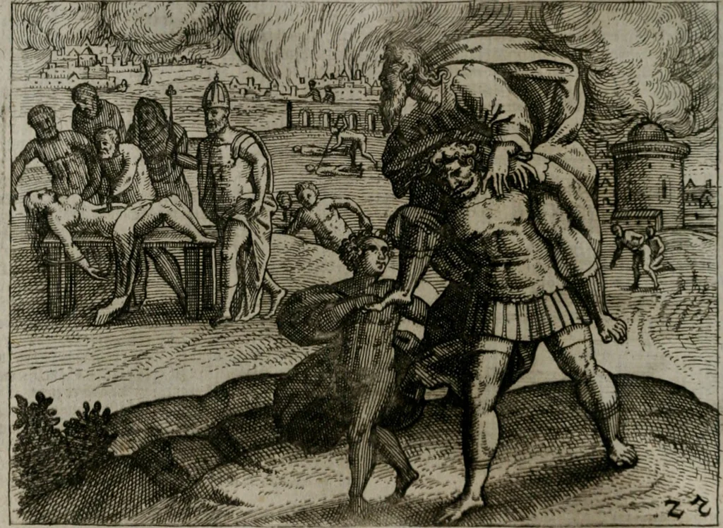 An illustration from Homo microcosmus, hoc est: parvus mundus, macrocosmo, id est: magno mundo, in variis æri incisis figuris totq; carminibus Latinis, per selectiores veterum poëtarum fabulas, nec non elegantiores quasdam historias, emblematice expositus; cujus hæc editio tertia. In qua Latina ista carmina puris rhythmis, Germanicis sunt donata ... Opus, non solùm ad studiosæ juventutis, sed etiam pictorum, sculptorum ... usum et delectationem adornatum, 1670, leaf 65
