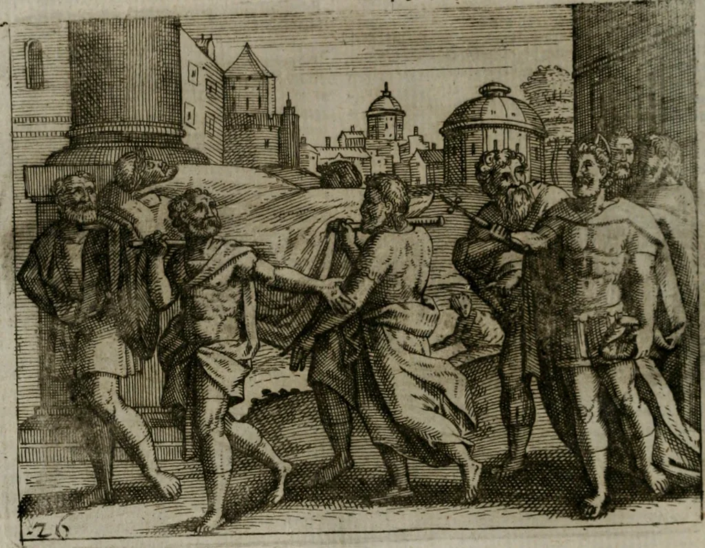 An illustration from Homo microcosmus, hoc est: parvus mundus, macrocosmo, id est: magno mundo, in variis æri incisis figuris totq; carminibus Latinis, per selectiores veterum poëtarum fabulas, nec non elegantiores quasdam historias, emblematice expositus; cujus hæc editio tertia. In qua Latina ista carmina puris rhythmis, Germanicis sunt donata ... Opus, non solùm ad studiosæ juventutis, sed etiam pictorum, sculptorum ... usum et delectationem adornatum, 1670, leaf 67