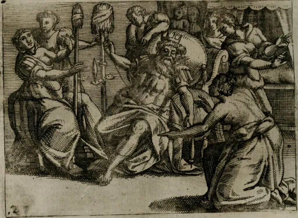 An illustration from Homo microcosmus, hoc est: parvus mundus, macrocosmo, id est: magno mundo, in variis æri incisis figuris totq; carminibus Latinis, per selectiores veterum poëtarum fabulas, nec non elegantiores quasdam historias, emblematice expositus; cujus hæc editio tertia. In qua Latina ista carmina puris rhythmis, Germanicis sunt donata ... Opus, non solùm ad studiosæ juventutis, sed etiam pictorum, sculptorum ... usum et delectationem adornatum, 1670, leaf 69