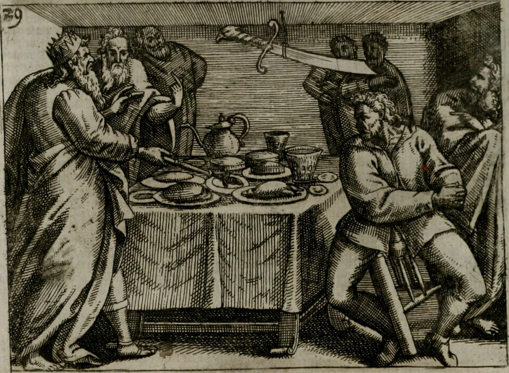 An illustration from Homo microcosmus, hoc est: parvus mundus, macrocosmo, id est: magno mundo, in variis æri incisis figuris totq; carminibus Latinis, per selectiores veterum poëtarum fabulas, nec non elegantiores quasdam historias, emblematice expositus; cujus hæc editio tertia. In qua Latina ista carmina puris rhythmis, Germanicis sunt donata ... Opus, non solùm ad studiosæ juventutis, sed etiam pictorum, sculptorum ... usum et delectationem adornatum, 1670, leaf 73