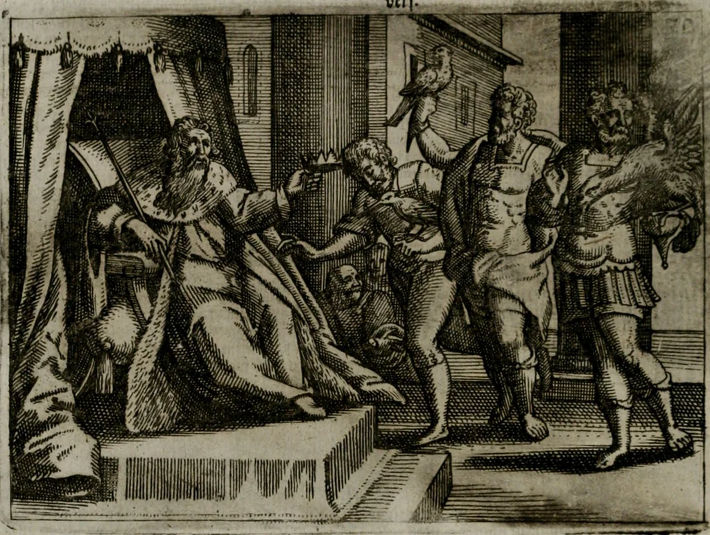 An illustration from Homo microcosmus, hoc est: parvus mundus, macrocosmo, id est: magno mundo, in variis æri incisis figuris totq; carminibus Latinis, per selectiores veterum poëtarum fabulas, nec non elegantiores quasdam historias, emblematice expositus; cujus hæc editio tertia. In qua Latina ista carmina puris rhythmis, Germanicis sunt donata ... Opus, non solùm ad studiosæ juventutis, sed etiam pictorum, sculptorum ... usum et delectationem adornatum, 1670, leaf 75