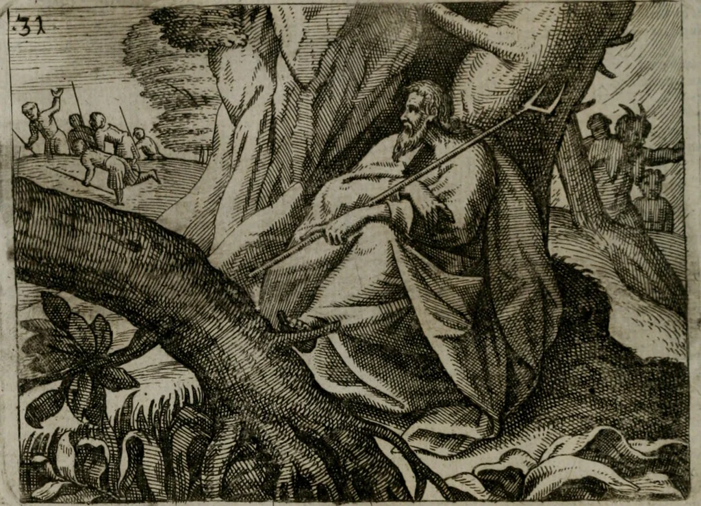 An illustration from Homo microcosmus, hoc est: parvus mundus, macrocosmo, id est: magno mundo, in variis æri incisis figuris totq; carminibus Latinis, per selectiores veterum poëtarum fabulas, nec non elegantiores quasdam historias, emblematice expositus; cujus hæc editio tertia. In qua Latina ista carmina puris rhythmis, Germanicis sunt donata ... Opus, non solùm ad studiosæ juventutis, sed etiam pictorum, sculptorum ... usum et delectationem adornatum, 1670, leaf 77