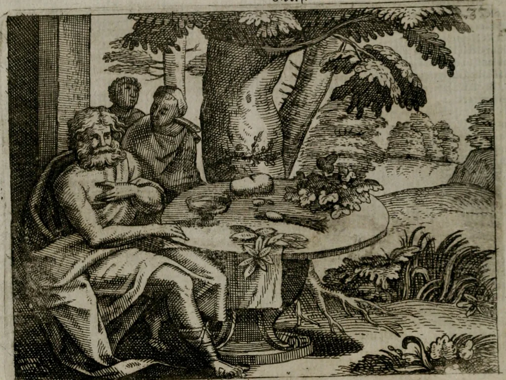 An illustration from Homo microcosmus, hoc est: parvus mundus, macrocosmo, id est: magno mundo, in variis æri incisis figuris totq; carminibus Latinis, per selectiores veterum poëtarum fabulas, nec non elegantiores quasdam historias, emblematice expositus; cujus hæc editio tertia. In qua Latina ista carmina puris rhythmis, Germanicis sunt donata ... Opus, non solùm ad studiosæ juventutis, sed etiam pictorum, sculptorum ... usum et delectationem adornatum, 1670, leaf 79
