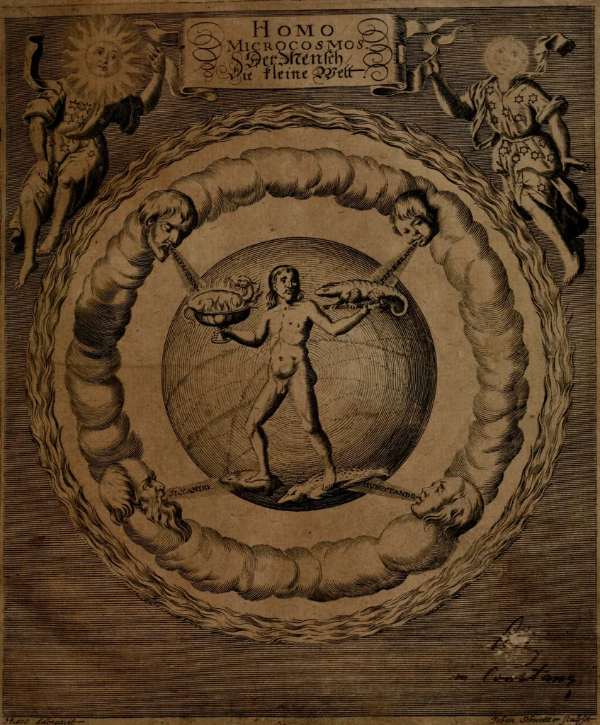 An illustration from Homo microcosmus, hoc est: parvus mundus, macrocosmo, id est: magno mundo, in variis æri incisis figuris totq; carminibus Latinis, per selectiores veterum poëtarum fabulas, nec non elegantiores quasdam historias, emblematice expositus; cujus hæc editio tertia. In qua Latina ista carmina puris rhythmis, Germanicis sunt donata ... Opus, non solùm ad studiosæ juventutis, sed etiam pictorum, sculptorum ... usum et delectationem adornatum, 1670, leaf 8