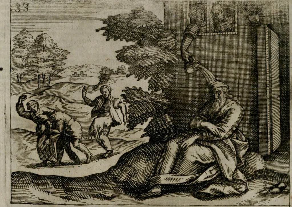 An illustration from Homo microcosmus, hoc est: parvus mundus, macrocosmo, id est: magno mundo, in variis æri incisis figuris totq; carminibus Latinis, per selectiores veterum poëtarum fabulas, nec non elegantiores quasdam historias, emblematice expositus; cujus hæc editio tertia. In qua Latina ista carmina puris rhythmis, Germanicis sunt donata ... Opus, non solùm ad studiosæ juventutis, sed etiam pictorum, sculptorum ... usum et delectationem adornatum, 1670, leaf 81