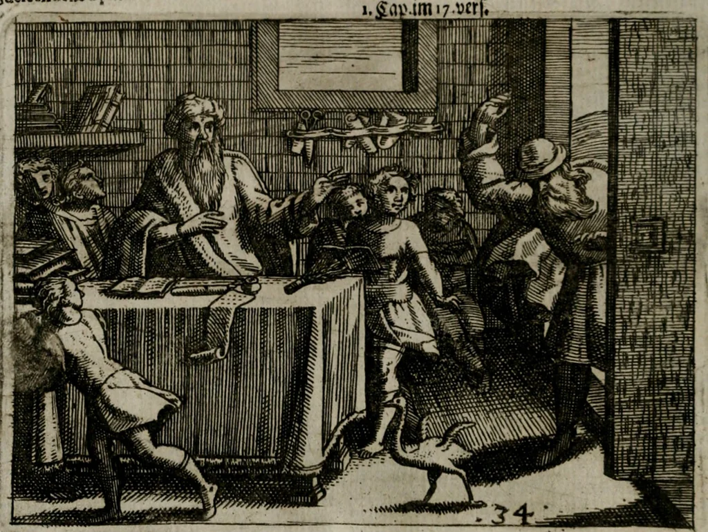An illustration from Homo microcosmus, hoc est: parvus mundus, macrocosmo, id est: magno mundo, in variis æri incisis figuris totq; carminibus Latinis, per selectiores veterum poëtarum fabulas, nec non elegantiores quasdam historias, emblematice expositus; cujus hæc editio tertia. In qua Latina ista carmina puris rhythmis, Germanicis sunt donata ... Opus, non solùm ad studiosæ juventutis, sed etiam pictorum, sculptorum ... usum et delectationem adornatum, 1670, leaf 83