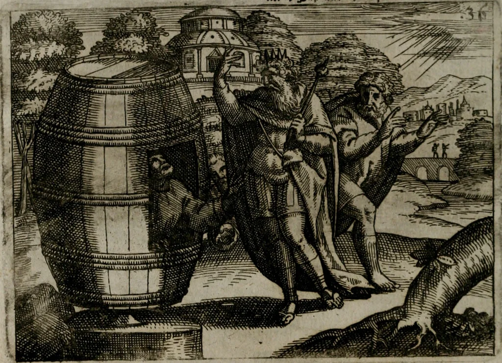 An illustration from Homo microcosmus, hoc est: parvus mundus, macrocosmo, id est: magno mundo, in variis æri incisis figuris totq; carminibus Latinis, per selectiores veterum poëtarum fabulas, nec non elegantiores quasdam historias, emblematice expositus; cujus hæc editio tertia. In qua Latina ista carmina puris rhythmis, Germanicis sunt donata ... Opus, non solùm ad studiosæ juventutis, sed etiam pictorum, sculptorum ... usum et delectationem adornatum, 1670, leaf 87