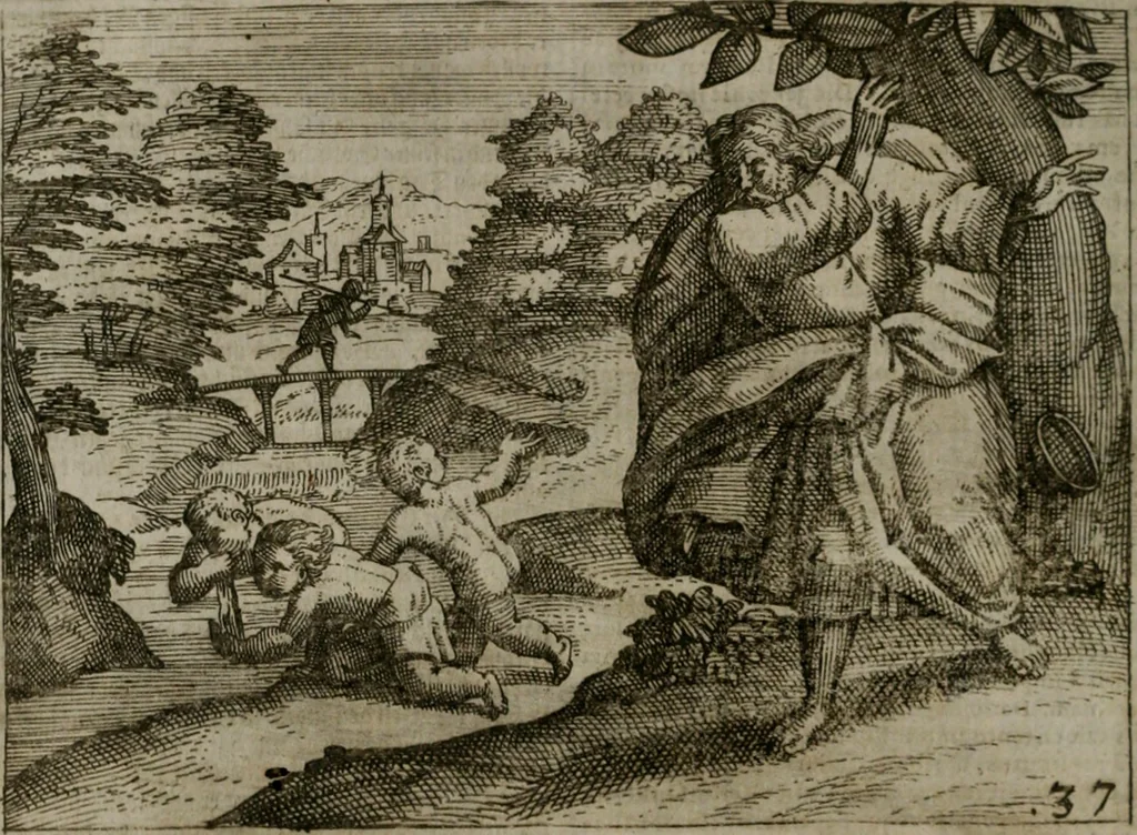 An illustration from Homo microcosmus, hoc est: parvus mundus, macrocosmo, id est: magno mundo, in variis æri incisis figuris totq; carminibus Latinis, per selectiores veterum poëtarum fabulas, nec non elegantiores quasdam historias, emblematice expositus; cujus hæc editio tertia. In qua Latina ista carmina puris rhythmis, Germanicis sunt donata ... Opus, non solùm ad studiosæ juventutis, sed etiam pictorum, sculptorum ... usum et delectationem adornatum, 1670, leaf 89