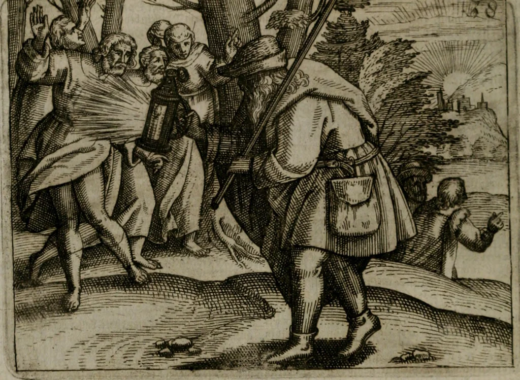 An illustration from Homo microcosmus, hoc est: parvus mundus, macrocosmo, id est: magno mundo, in variis æri incisis figuris totq; carminibus Latinis, per selectiores veterum poëtarum fabulas, nec non elegantiores quasdam historias, emblematice expositus; cujus hæc editio tertia. In qua Latina ista carmina puris rhythmis, Germanicis sunt donata ... Opus, non solùm ad studiosæ juventutis, sed etiam pictorum, sculptorum ... usum et delectationem adornatum, 1670, leaf 91