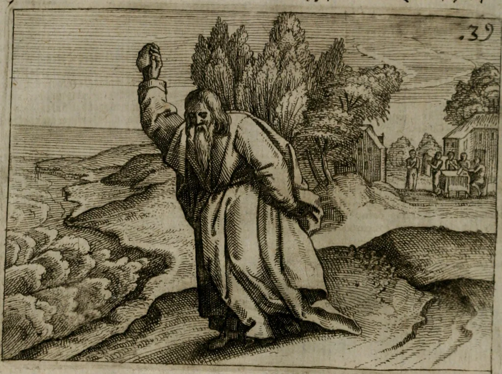 An illustration from Homo microcosmus, hoc est: parvus mundus, macrocosmo, id est: magno mundo, in variis æri incisis figuris totq; carminibus Latinis, per selectiores veterum poëtarum fabulas, nec non elegantiores quasdam historias, emblematice expositus; cujus hæc editio tertia. In qua Latina ista carmina puris rhythmis, Germanicis sunt donata ... Opus, non solùm ad studiosæ juventutis, sed etiam pictorum, sculptorum ... usum et delectationem adornatum, 1670, leaf 93