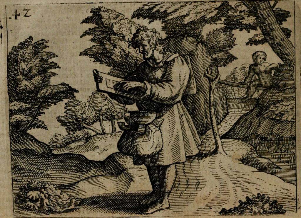 An illustration from Homo microcosmus, hoc est: parvus mundus, macrocosmo, id est: magno mundo, in variis æri incisis figuris totq; carminibus Latinis, per selectiores veterum poëtarum fabulas, nec non elegantiores quasdam historias, emblematice expositus; cujus hæc editio tertia. In qua Latina ista carmina puris rhythmis, Germanicis sunt donata ... Opus, non solùm ad studiosæ juventutis, sed etiam pictorum, sculptorum ... usum et delectationem adornatum, 1670, leaf 97