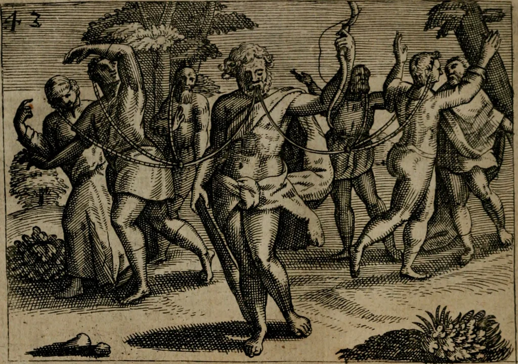 An illustration from Homo microcosmus, hoc est: parvus mundus, macrocosmo, id est: magno mundo, in variis æri incisis figuris totq; carminibus Latinis, per selectiores veterum poëtarum fabulas, nec non elegantiores quasdam historias, emblematice expositus; cujus hæc editio tertia. In qua Latina ista carmina puris rhythmis, Germanicis sunt donata ... Opus, non solùm ad studiosæ juventutis, sed etiam pictorum, sculptorum ... usum et delectationem adornatum, 1670, leaf 99