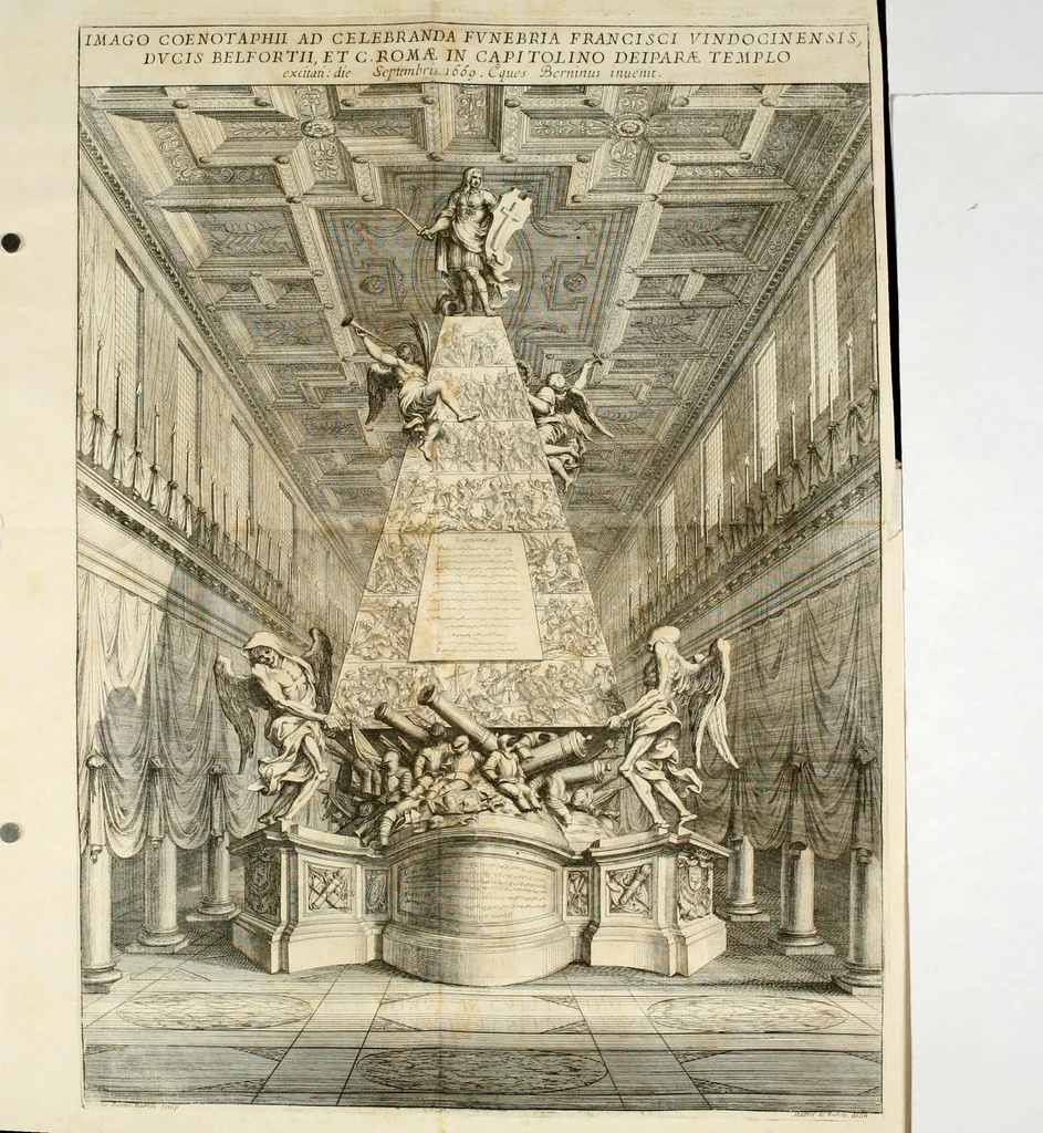 An illustration from Honorarii tumuli ac funebris pompae descriptio : in exequiarum iustis Francisco Vindocinensi duci Belfortio &c. persolutis Romae, in Templo Deiparae Capitolino : et oratio in eiusdem funere ibidem habita die . Septembris 1669, 1669, leaf 5