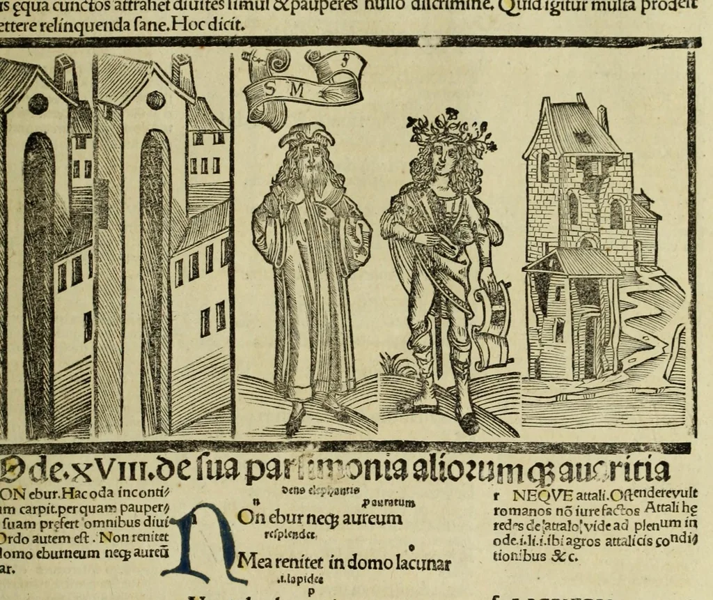 An illustration from Horatij Flacci Venusini. Poete lirici Opera : cu[m] quibusdam annotatio[n]ib[us]. Imaginibusq[ue] pulcherrimis. aptisq[ue] ad Odaru[m] concentus & sententias, leaf 107