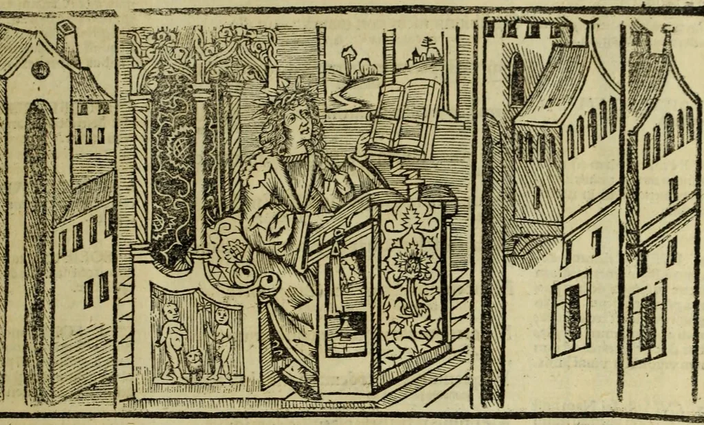 An illustration from Horatij Flacci Venusini. Poete lirici Opera : cu[m] quibusdam annotatio[n]ib[us]. Imaginibusq[ue] pulcherrimis. aptisq[ue] ad Odaru[m] concentus & sententias, leaf 403