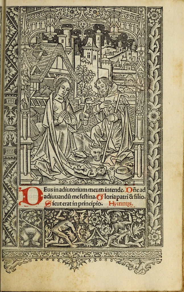An illustration from Hore dive [vir]ginis Marie : s[e]c[un]d[u]m veru[m] vsum romanu[m], cum aliis multis folio sequenti notatis, vna cum figuris apocalipsis post figuras Biblie recenter insertis, 1505, leaf 63