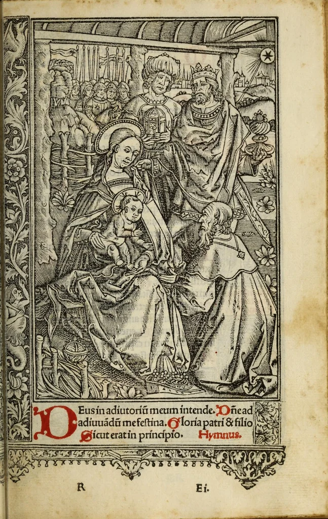 An illustration from Hore dive [vir]ginis Marie : s[e]c[un]d[u]m veru[m] vsum romanu[m], cum aliis multis folio sequenti notatis, vna cum figuris apocalipsis post figuras Biblie recenter insertis, 1505, leaf 71