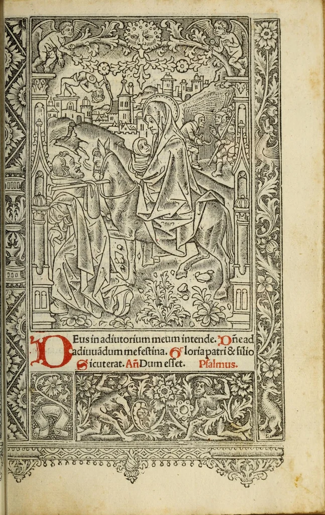 An illustration from Hore dive [vir]ginis Marie : s[e]c[un]d[u]m veru[m] vsum romanu[m], cum aliis multis folio sequenti notatis, vna cum figuris apocalipsis post figuras Biblie recenter insertis, 1505, leaf 79