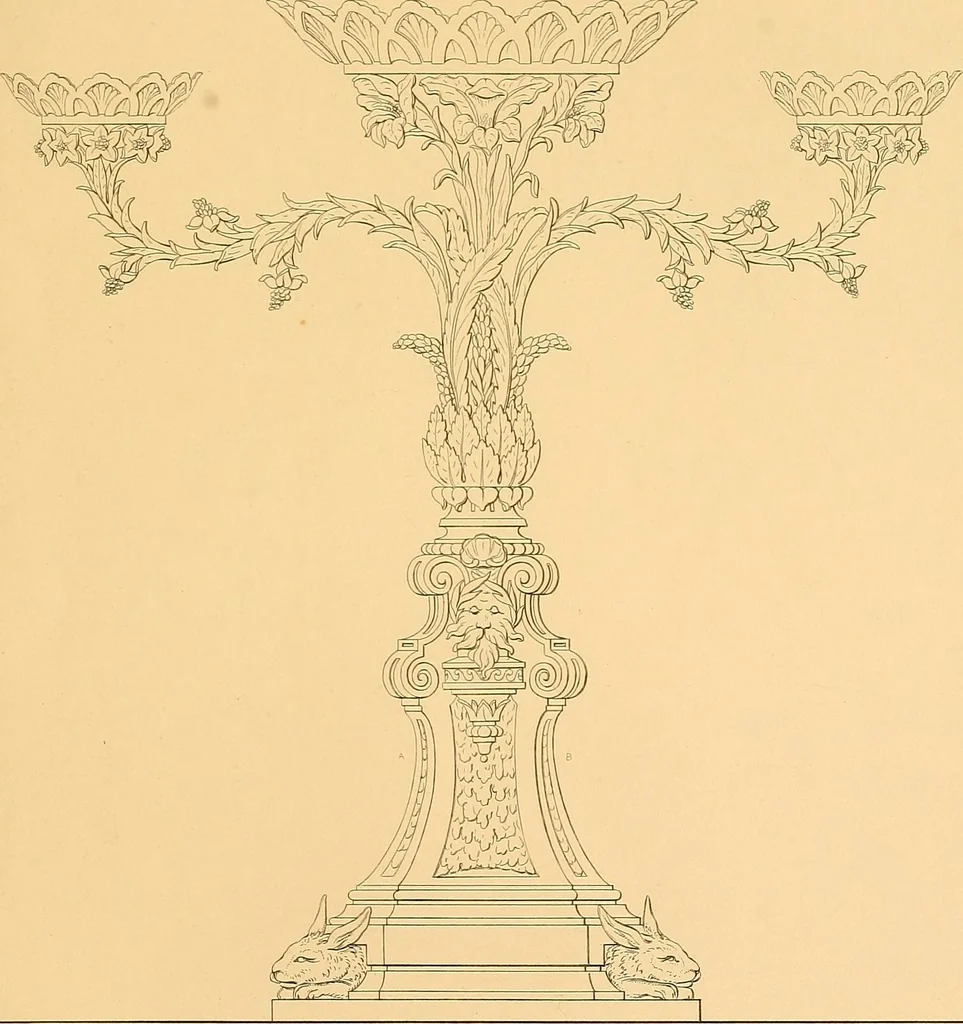 An illustration from House furnishing, decorating and embellishing assistant. Consisting of original designs in the Grecian, Italian, renaissance, Louis-quatorze, gothic, Tudor, and Elizabethan styles .., 1847, leaf 102