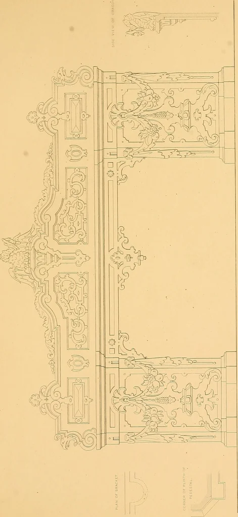 An illustration from House furnishing, decorating and embellishing assistant. Consisting of original designs in the Grecian, Italian, renaissance, Louis-quatorze, gothic, Tudor, and Elizabethan styles .., 1847, leaf 116