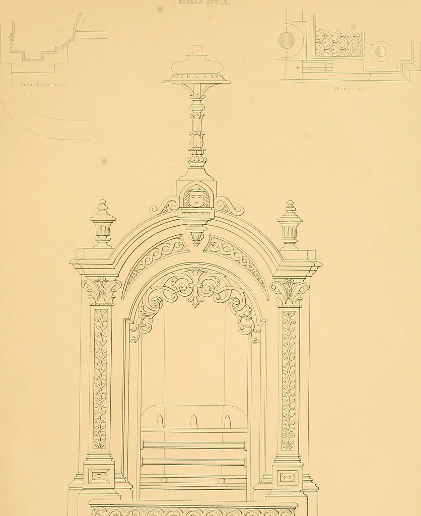 An illustration from House furnishing, decorating and embellishing assistant. Consisting of original designs in the Grecian, Italian, renaissance, Louis-quatorze, gothic, Tudor, and Elizabethan styles .., 1847, leaf 42