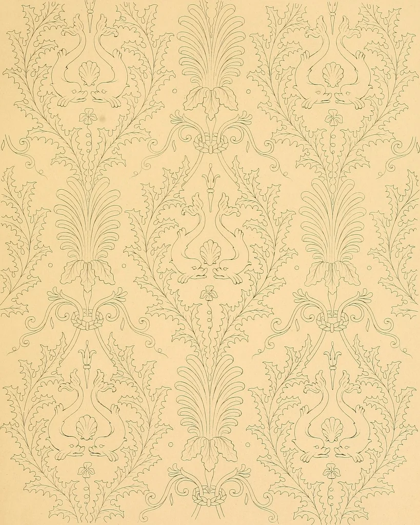 An illustration from House furnishing, decorating and embellishing assistant. Consisting of original designs in the Grecian, Italian, renaissance, Louis-quatorze, gothic, Tudor, and Elizabethan styles .., 1847, leaf 46