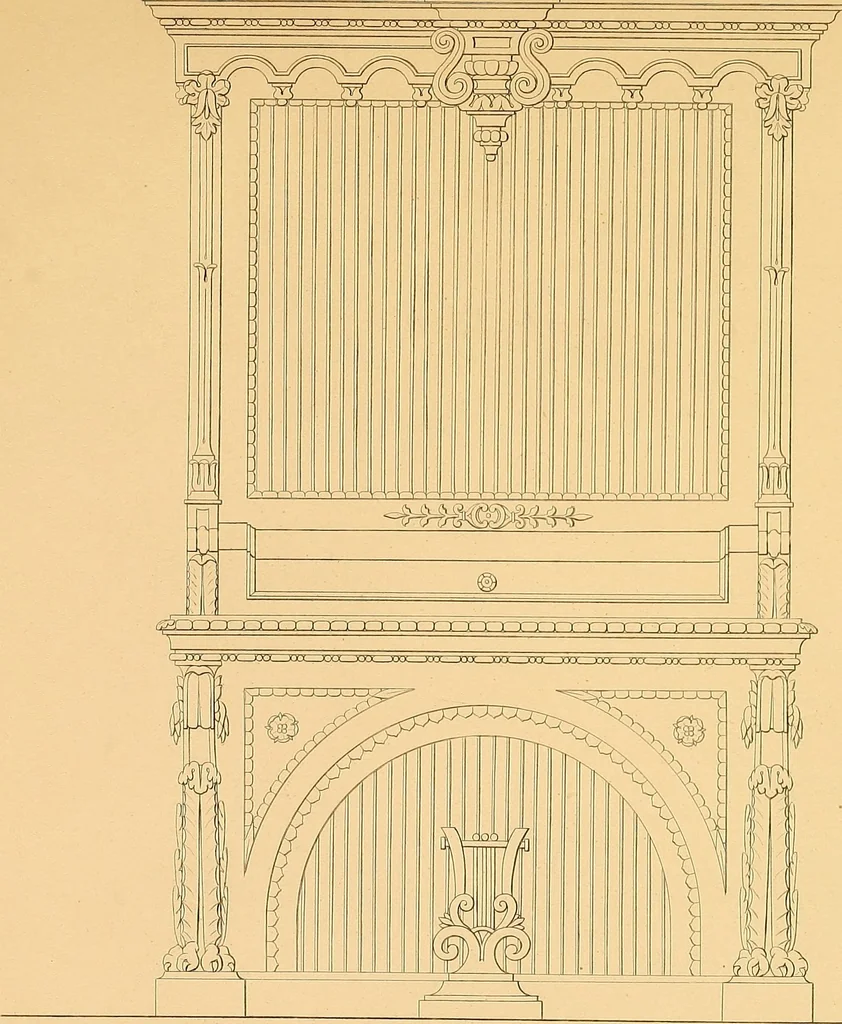 An illustration from House furnishing, decorating and embellishing assistant. Consisting of original designs in the Grecian, Italian, renaissance, Louis-quatorze, gothic, Tudor, and Elizabethan styles .., 1847, leaf 54