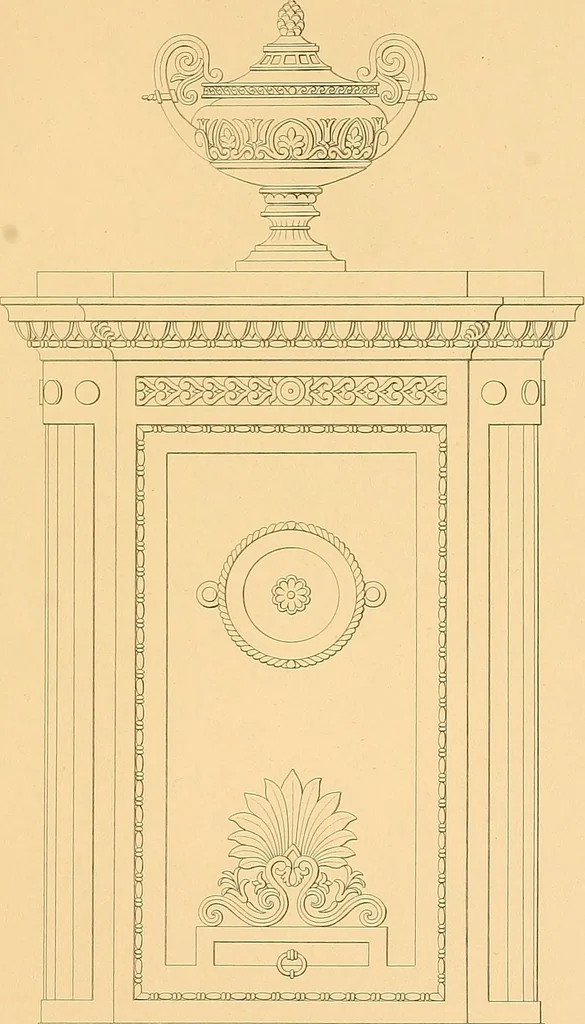 An illustration from House furnishing, decorating and embellishing assistant. Consisting of original designs in the Grecian, Italian, renaissance, Louis-quatorze, gothic, Tudor, and Elizabethan styles .., 1847, leaf 58